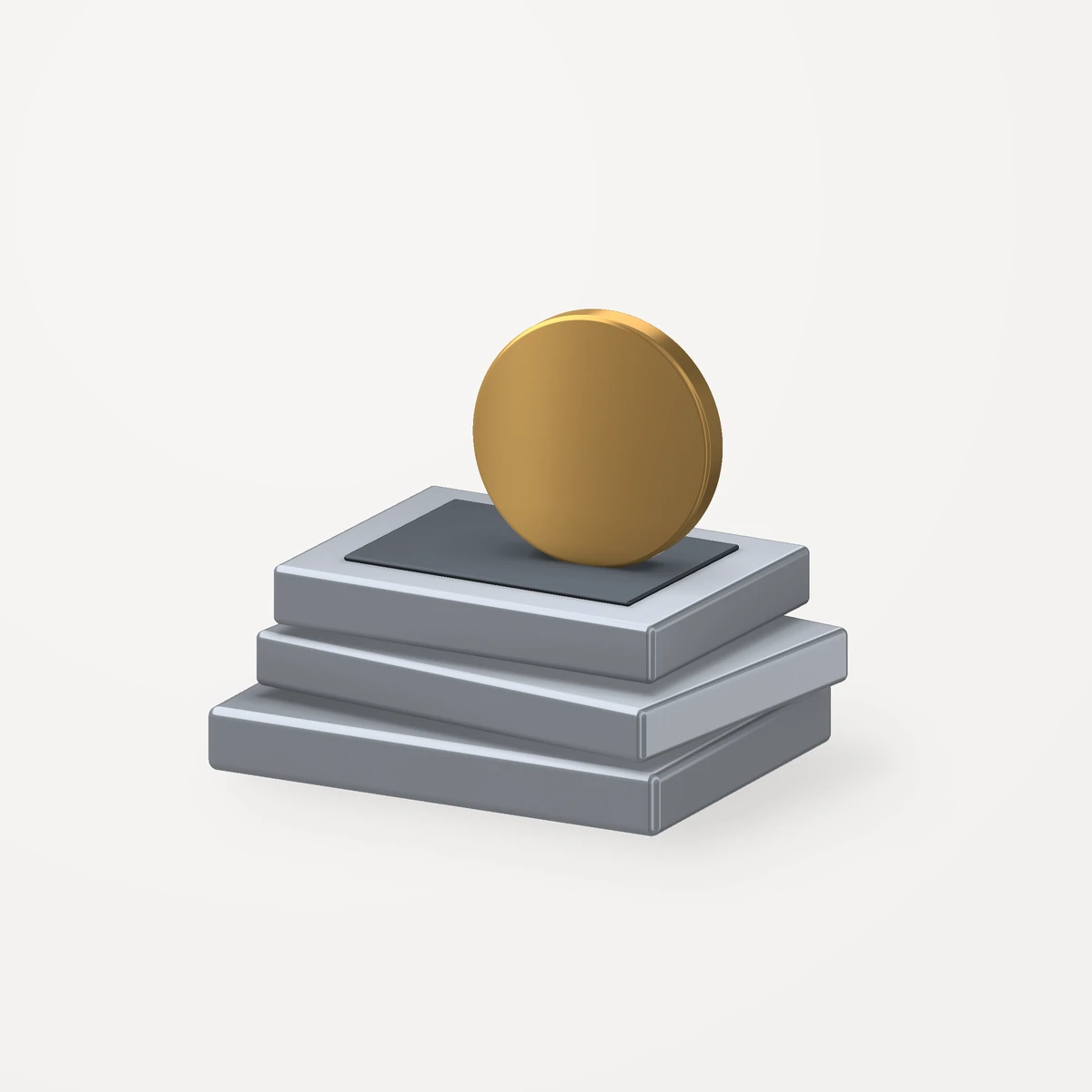 A blank gold disc stands on a dark plate atop three staggered silver-gray slabs.